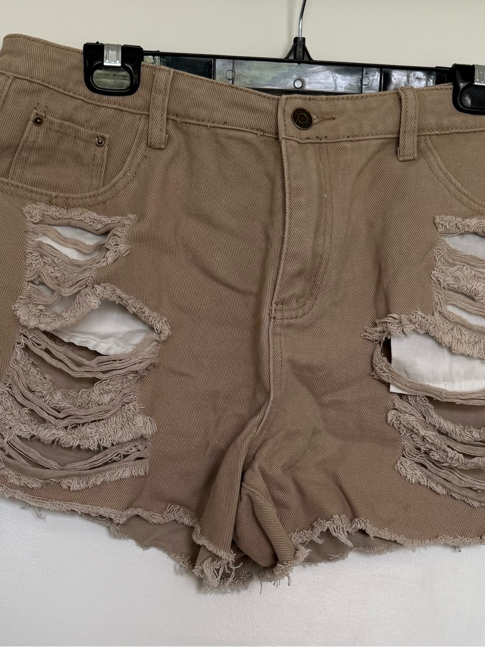 Distressed High-Rise Women's Shorts - Tan